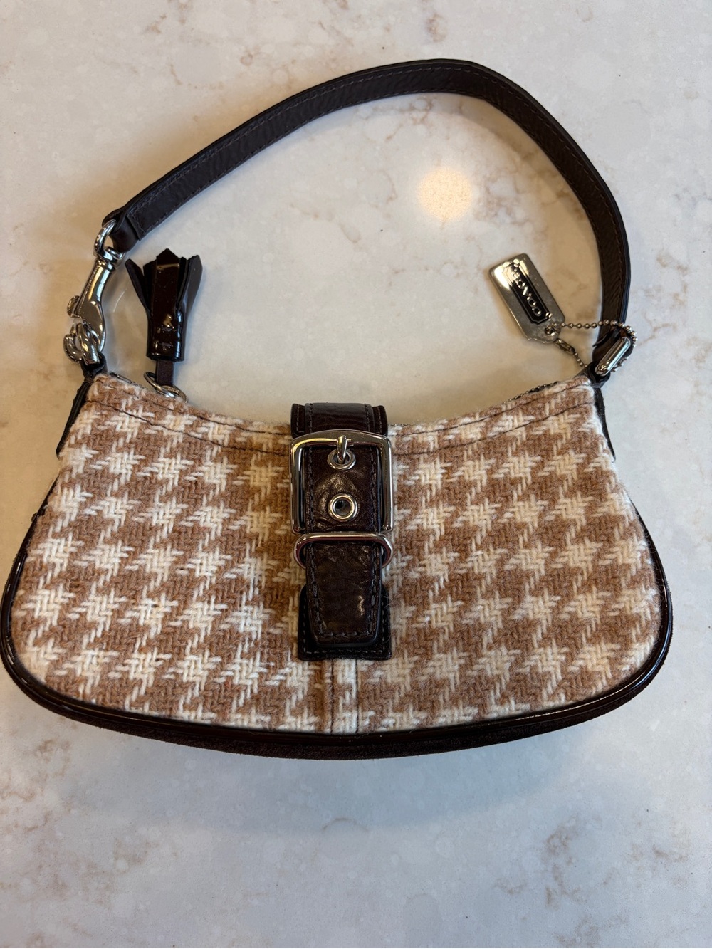 Vintage 2004 Coach Houndstooth Wool Hobo Shoulder Bag Brown Leather Buckle 8196